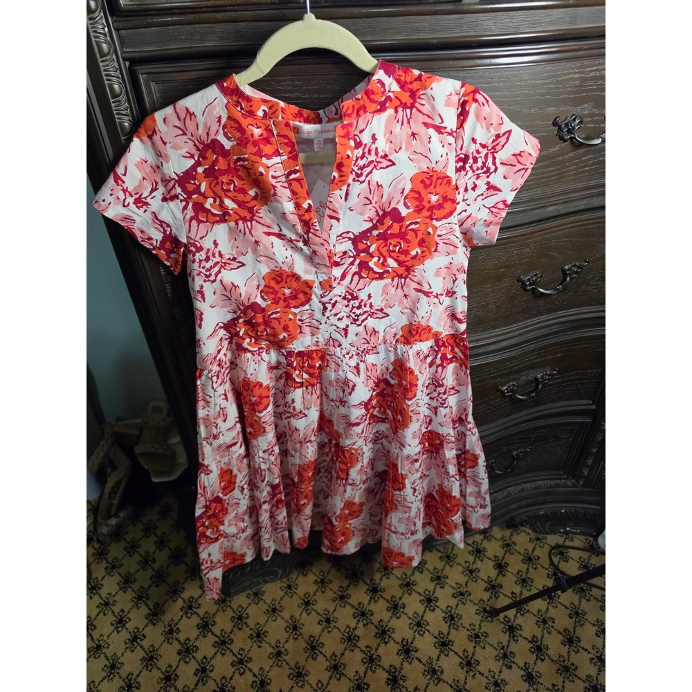 Jude Connally Pink Orange Floral Tiered Mini Dress Cotton Voile XS NEW
